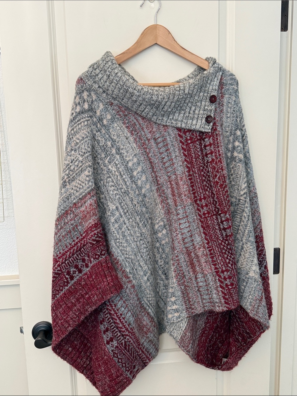 Free People Cowl Neck Willow Poncho Sweater Red Grey Knit Large Cabincore Boho